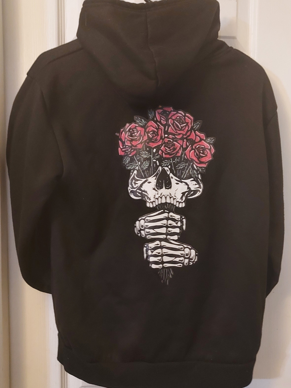 SHEIN Black Hoodie with Skull & Pink Rose Graphic